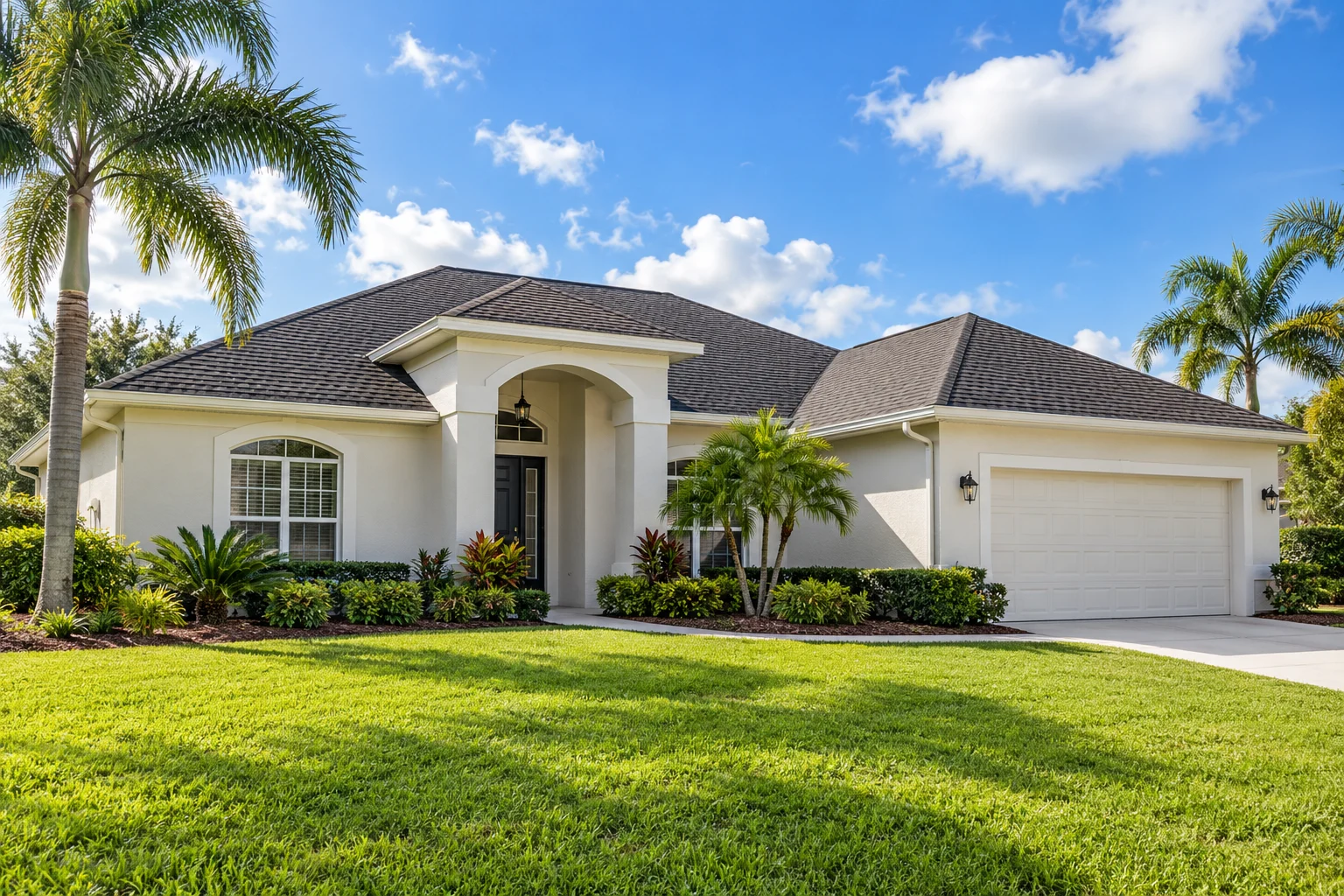 Illustrative Central Florida home with a shingle roof, stucco exterior and palms